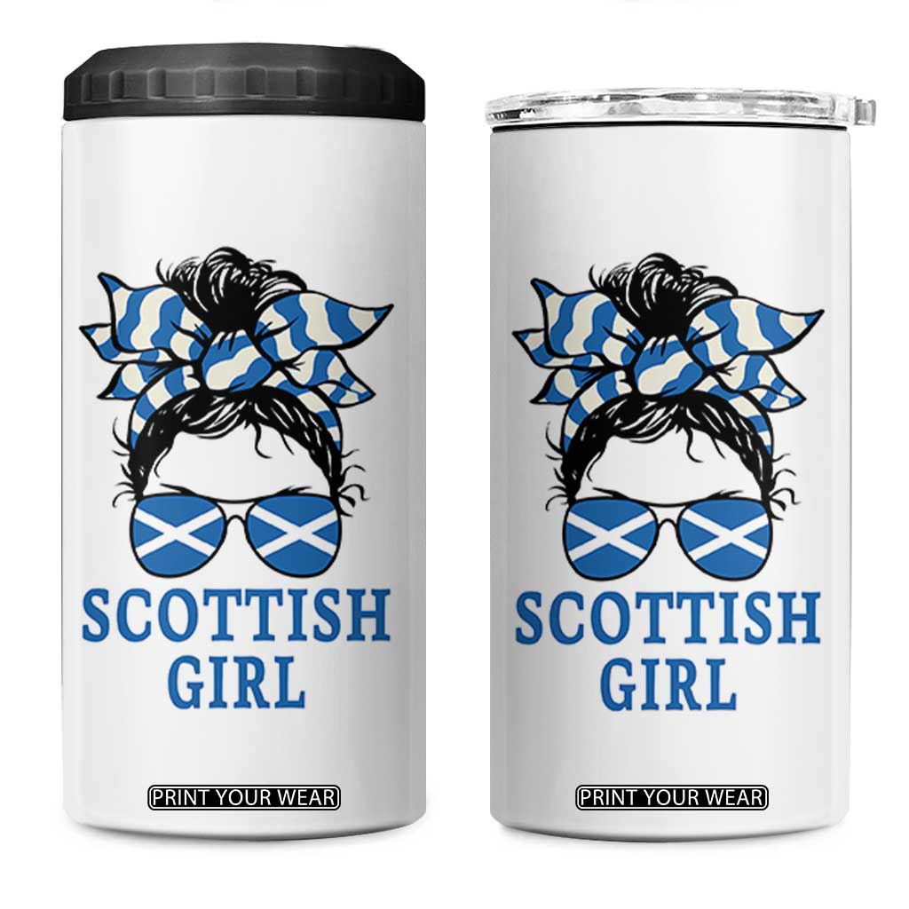 Scottish Girl Messy Bun Hair Saltire Flag Ribbon Bow 4 in 1 Can Cooler Tumbler Scotland Pride for Girls Women