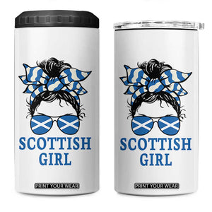 Scottish Girl Messy Bun Hair Saltire Flag Ribbon Bow 4 in 1 Can Cooler Tumbler Scotland Pride for Girls Women