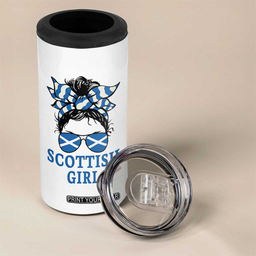 Scottish Girl Messy Bun Hair Saltire Flag Ribbon Bow 4 in 1 Can Cooler Tumbler Scotland Pride for Girls Women