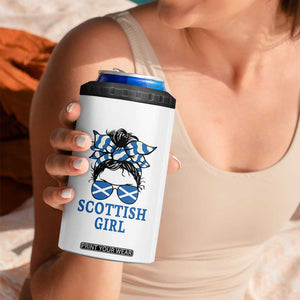 Scottish Girl Messy Bun Hair Saltire Flag Ribbon Bow 4 in 1 Can Cooler Tumbler Scotland Pride for Girls Women