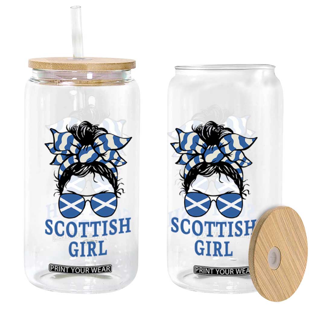 Scottish Girl Messy Bun Hair Saltire Flag Ribbon Bow Glass Can Scotland Pride for Girls Women
