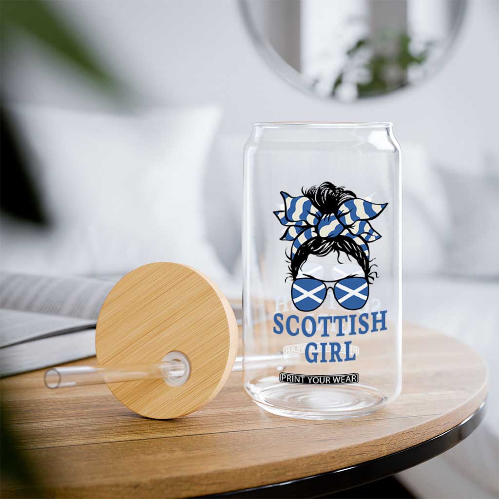 Scottish Girl Messy Bun Hair Saltire Flag Ribbon Bow Glass Can Scotland Pride for Girls Women