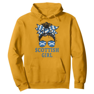 Scottish Girl Messy Bun Hair Saltire Flag Ribbon Bow Hoodie Scotland Pride for Girls Women