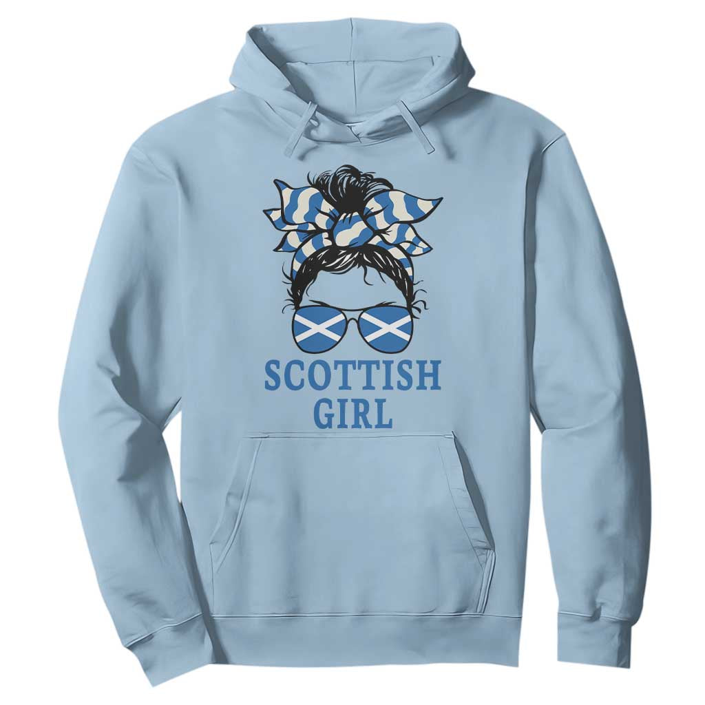 Scottish Girl Messy Bun Hair Saltire Flag Ribbon Bow Hoodie Scotland Pride for Girls Women