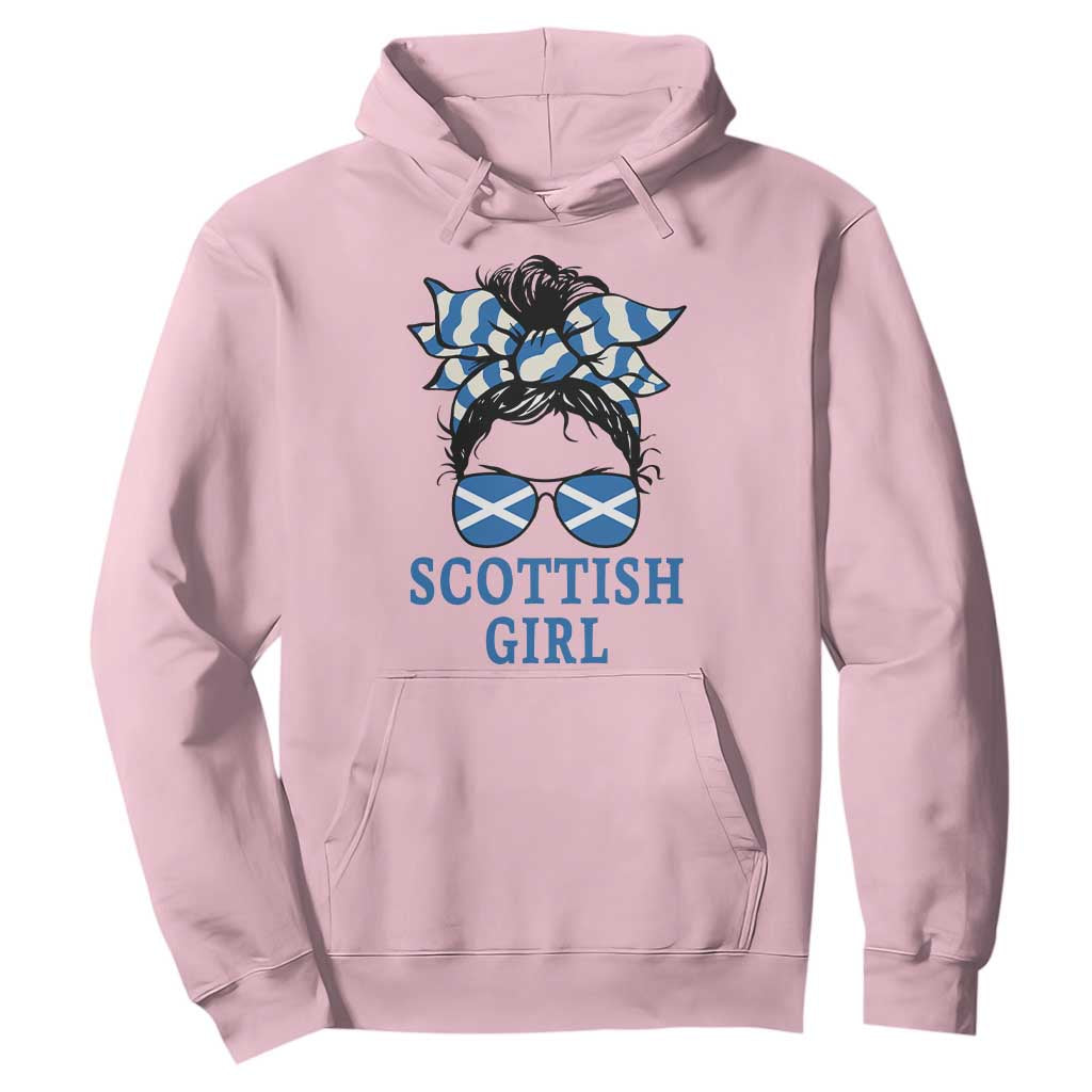 Scottish Girl Messy Bun Hair Saltire Flag Ribbon Bow Hoodie Scotland Pride for Girls Women