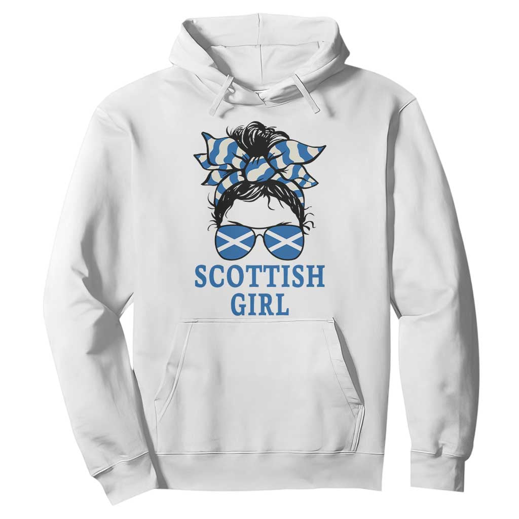 Scottish Girl Messy Bun Hair Saltire Flag Ribbon Bow Hoodie Scotland Pride for Girls Women