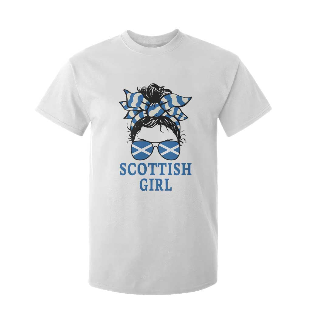 Scottish Girl Messy Bun Hair Saltire Flag Ribbon Bow T Shirt For Kid Scotland Pride for Girls Women