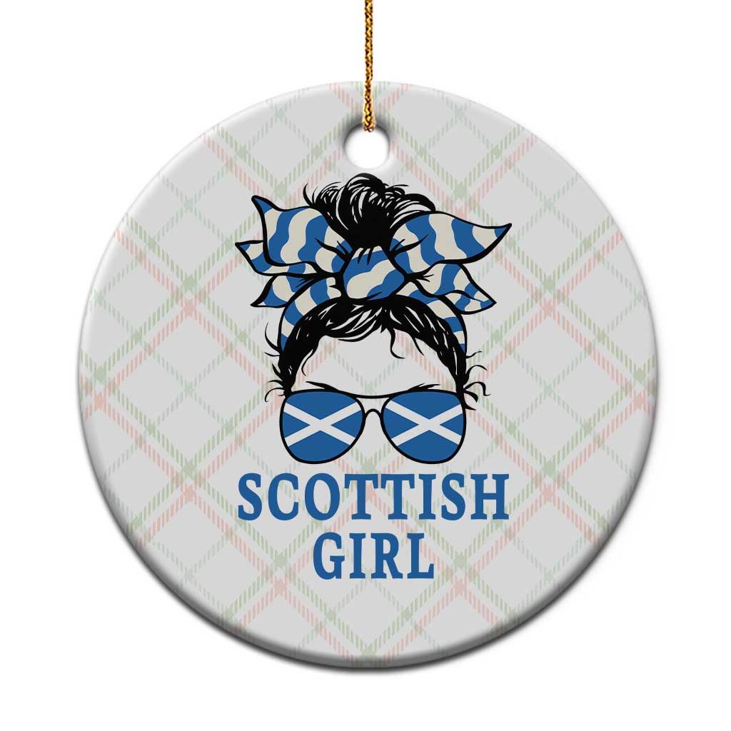 Scottish Girl Messy Bun Hair Saltire Flag Ribbon Bow Ceramic Ornament Scotland Pride for Girls Women