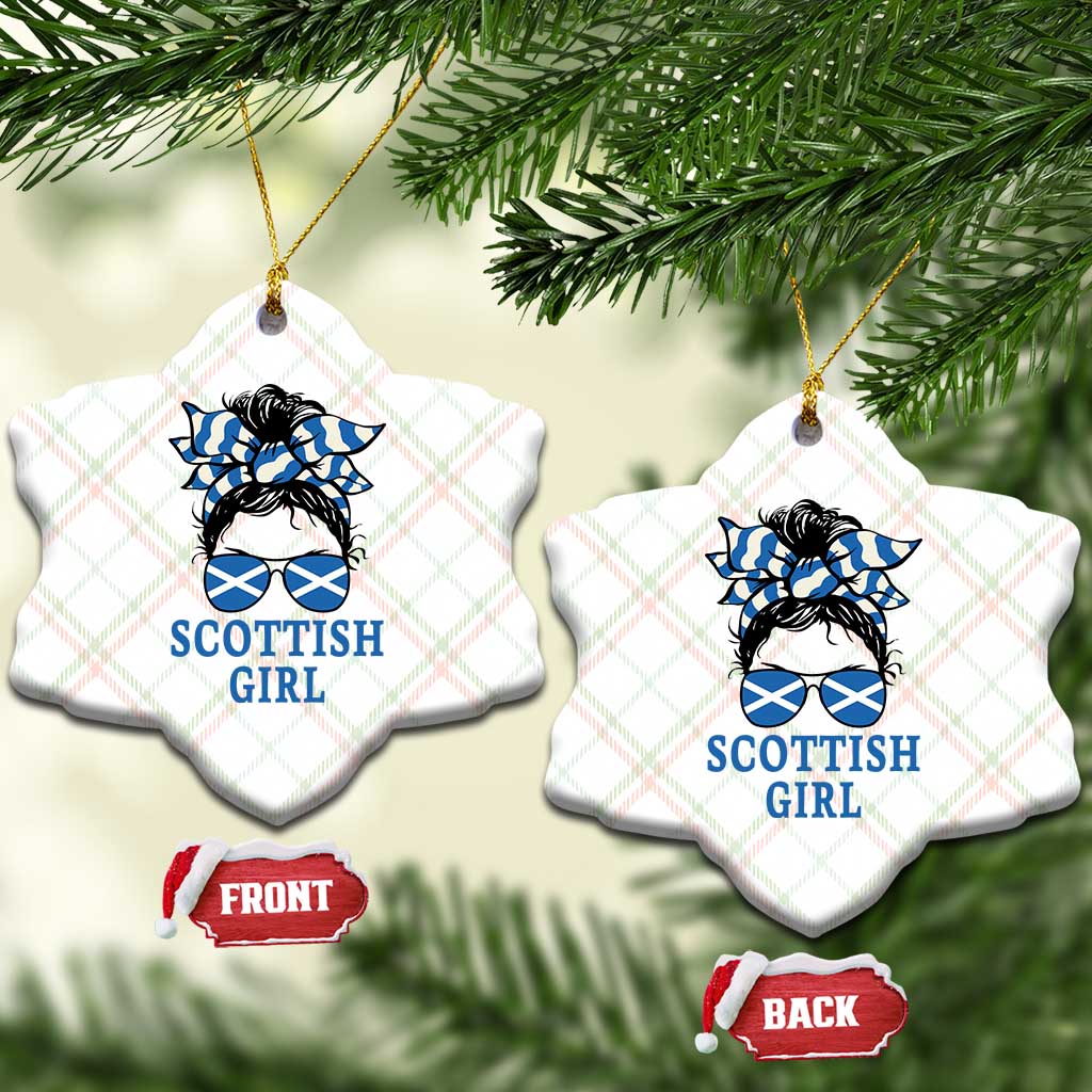 Scottish Girl Messy Bun Hair Saltire Flag Ribbon Bow Ceramic Ornament Scotland Pride for Girls Women