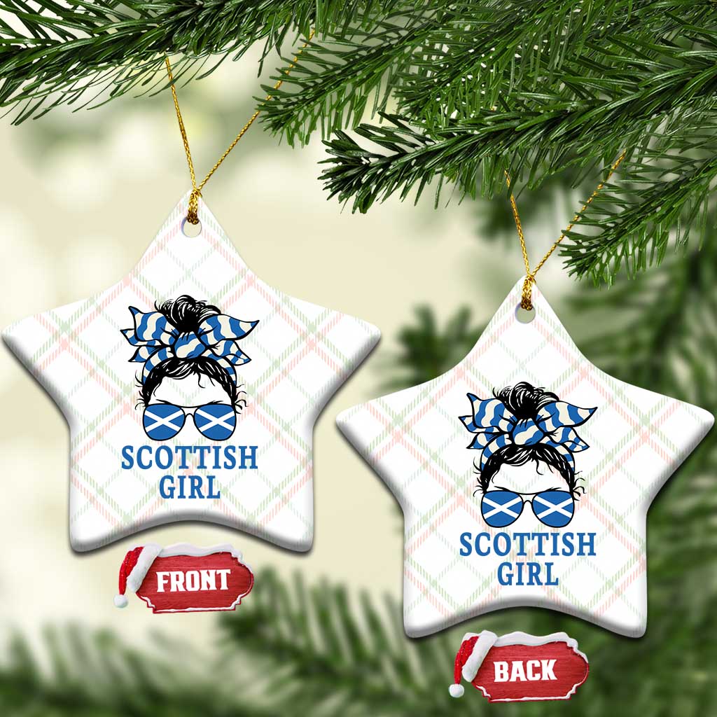 Scottish Girl Messy Bun Hair Saltire Flag Ribbon Bow Ceramic Ornament Scotland Pride for Girls Women