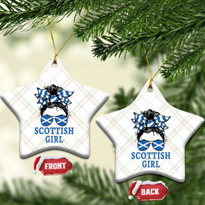 Scottish Girl Messy Bun Hair Saltire Flag Ribbon Bow Ceramic Ornament Scotland Pride for Girls Women
