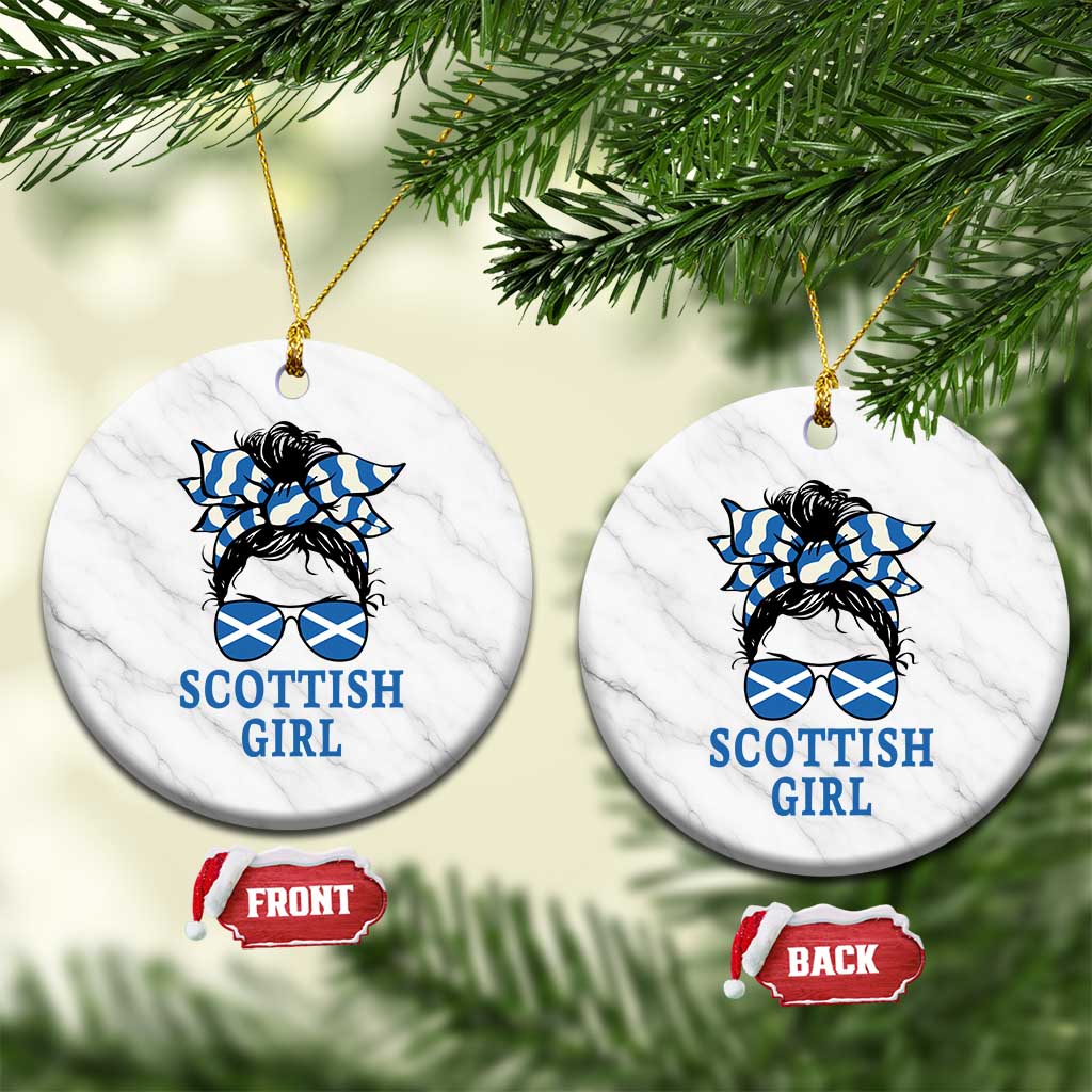 Scottish Girl Messy Bun Hair Saltire Flag Ribbon Bow Ceramic Ornament Scotland Pride for Girls Women
