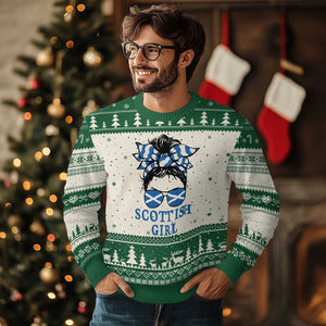 Scottish Girl Messy Bun Hair Saltire Flag Ribbon Bow Ugly Christmas Sweater Scotland Pride for Girls Women