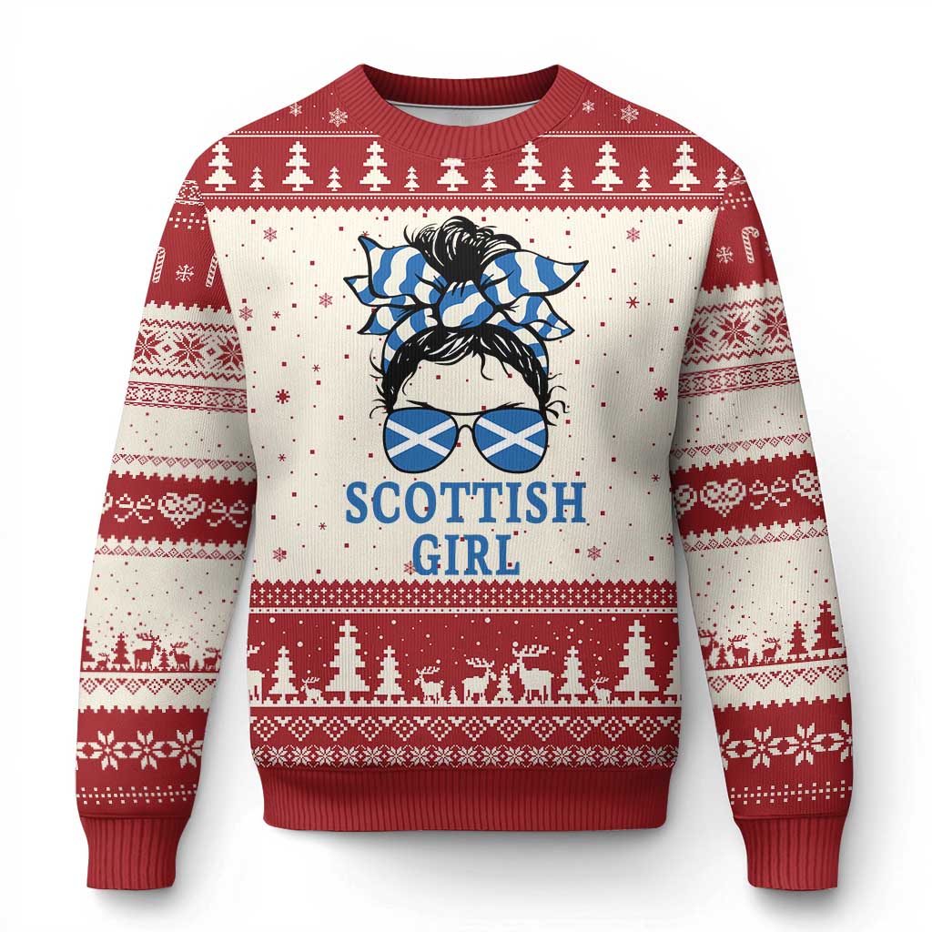 Scottish Girl Messy Bun Hair Saltire Flag Ribbon Bow Ugly Christmas Sweater Scotland Pride for Girls Women