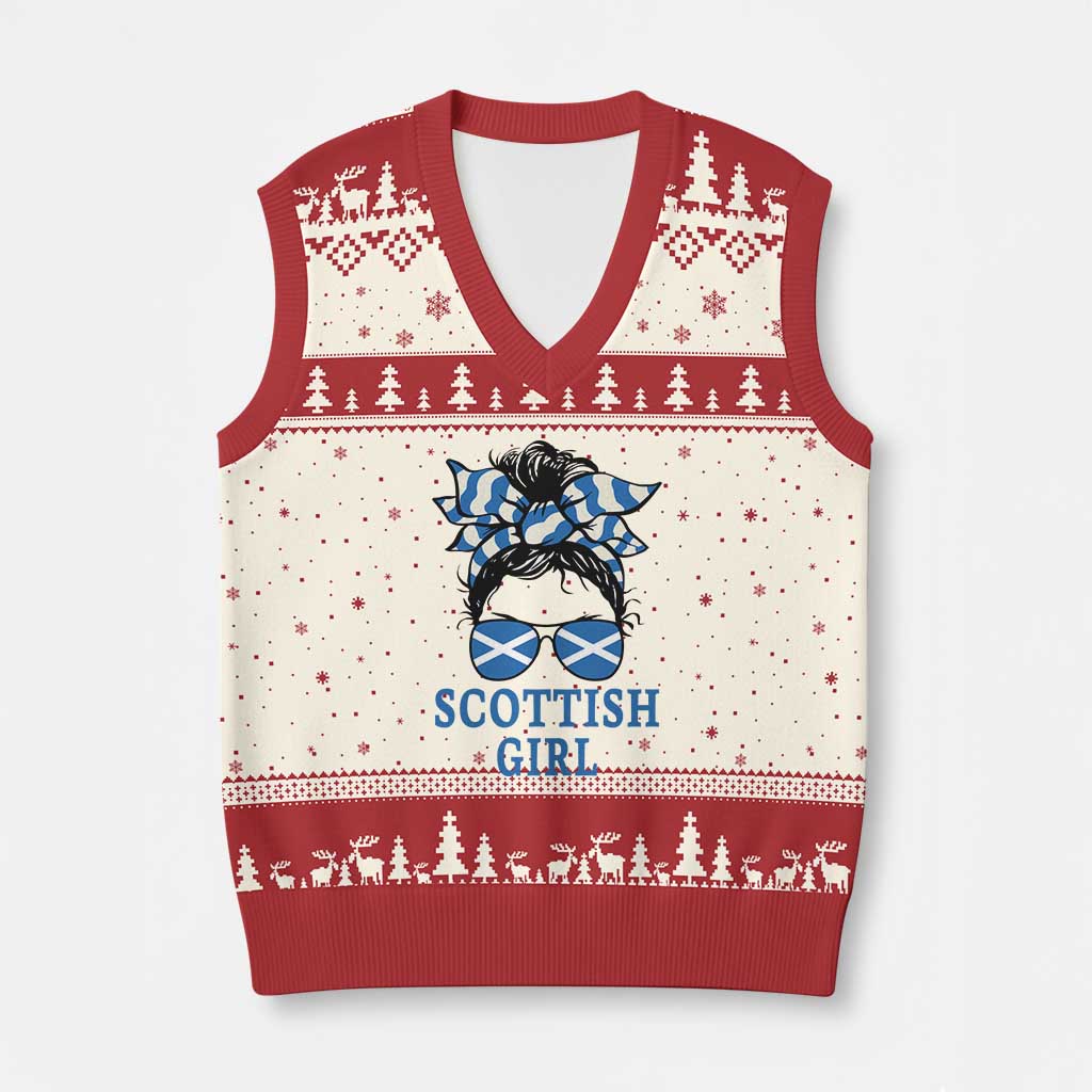 Scottish Girl Messy Bun Hair Saltire Flag Ribbon Bow V-Neck Knit Sweater Vest Scotland Pride for Girls Women