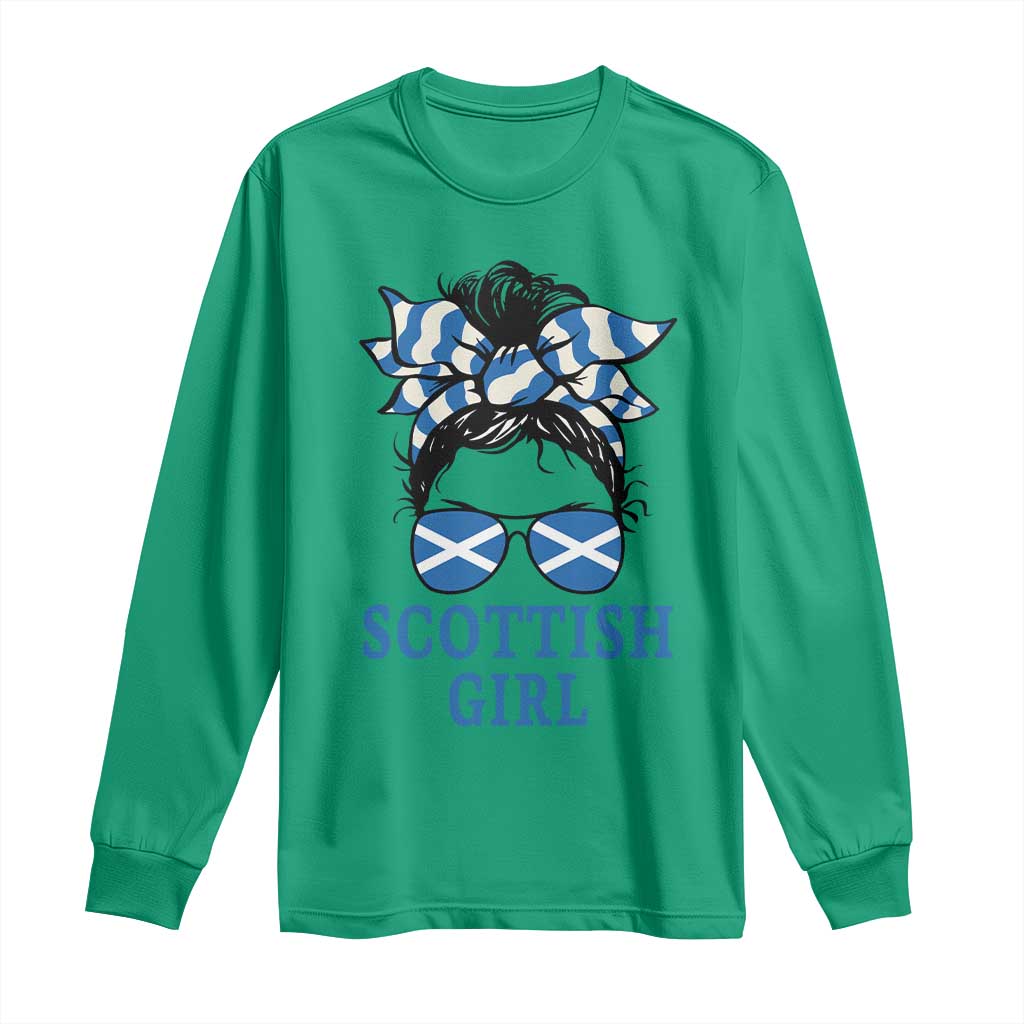 Scottish Girl Messy Bun Hair Saltire Flag Ribbon Bow Long Sleeve Shirt Scotland Pride for Girls Women