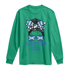 Scottish Girl Messy Bun Hair Saltire Flag Ribbon Bow Long Sleeve Shirt Scotland Pride for Girls Women