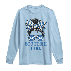 Scottish Girl Messy Bun Hair Saltire Flag Ribbon Bow Long Sleeve Shirt Scotland Pride for Girls Women