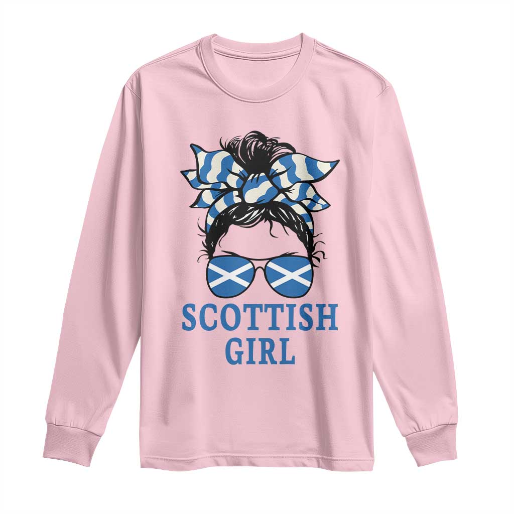 Scottish Girl Messy Bun Hair Saltire Flag Ribbon Bow Long Sleeve Shirt Scotland Pride for Girls Women