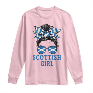 Scottish Girl Messy Bun Hair Saltire Flag Ribbon Bow Long Sleeve Shirt Scotland Pride for Girls Women