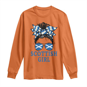 Scottish Girl Messy Bun Hair Saltire Flag Ribbon Bow Long Sleeve Shirt Scotland Pride for Girls Women