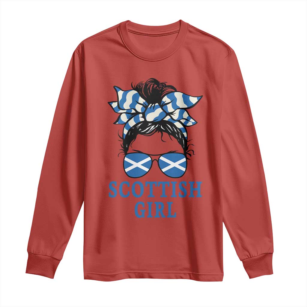 Scottish Girl Messy Bun Hair Saltire Flag Ribbon Bow Long Sleeve Shirt Scotland Pride for Girls Women