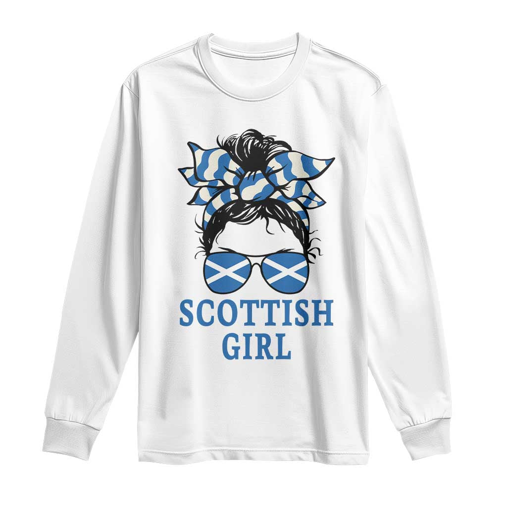 Scottish Girl Messy Bun Hair Saltire Flag Ribbon Bow Long Sleeve Shirt Scotland Pride for Girls Women