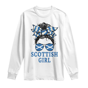 Scottish Girl Messy Bun Hair Saltire Flag Ribbon Bow Long Sleeve Shirt Scotland Pride for Girls Women
