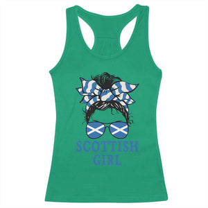 Scottish Girl Messy Bun Hair Saltire Flag Ribbon Bow Racerback Tank Top Scotland Pride for Girls Women