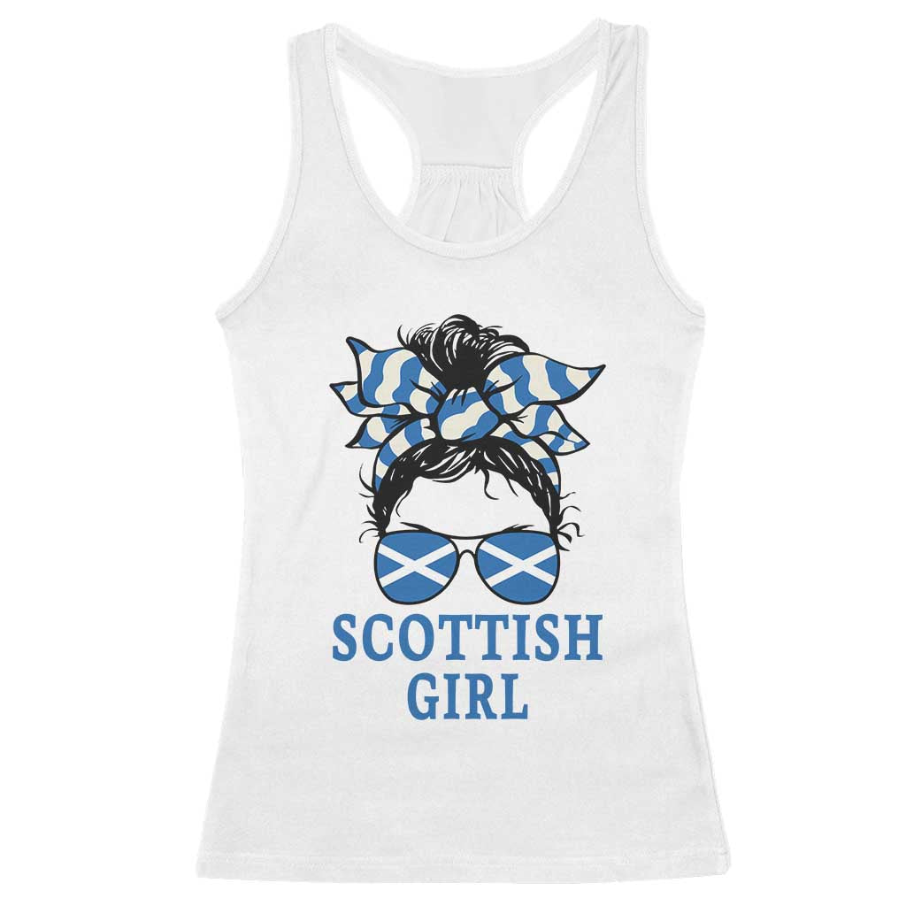 Scottish Girl Messy Bun Hair Saltire Flag Ribbon Bow Racerback Tank Top Scotland Pride for Girls Women TS02 White Print Your Wear