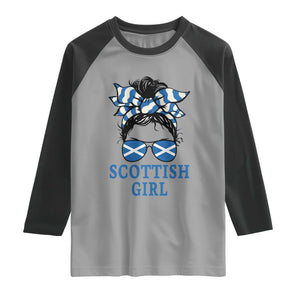 Scottish Girl Messy Bun Hair Saltire Flag Ribbon Bow Raglan Shirt Scotland Pride for Girls Women