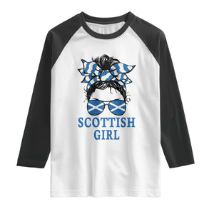 Scottish Girl Messy Bun Hair Saltire Flag Ribbon Bow Raglan Shirt Scotland Pride for Girls Women