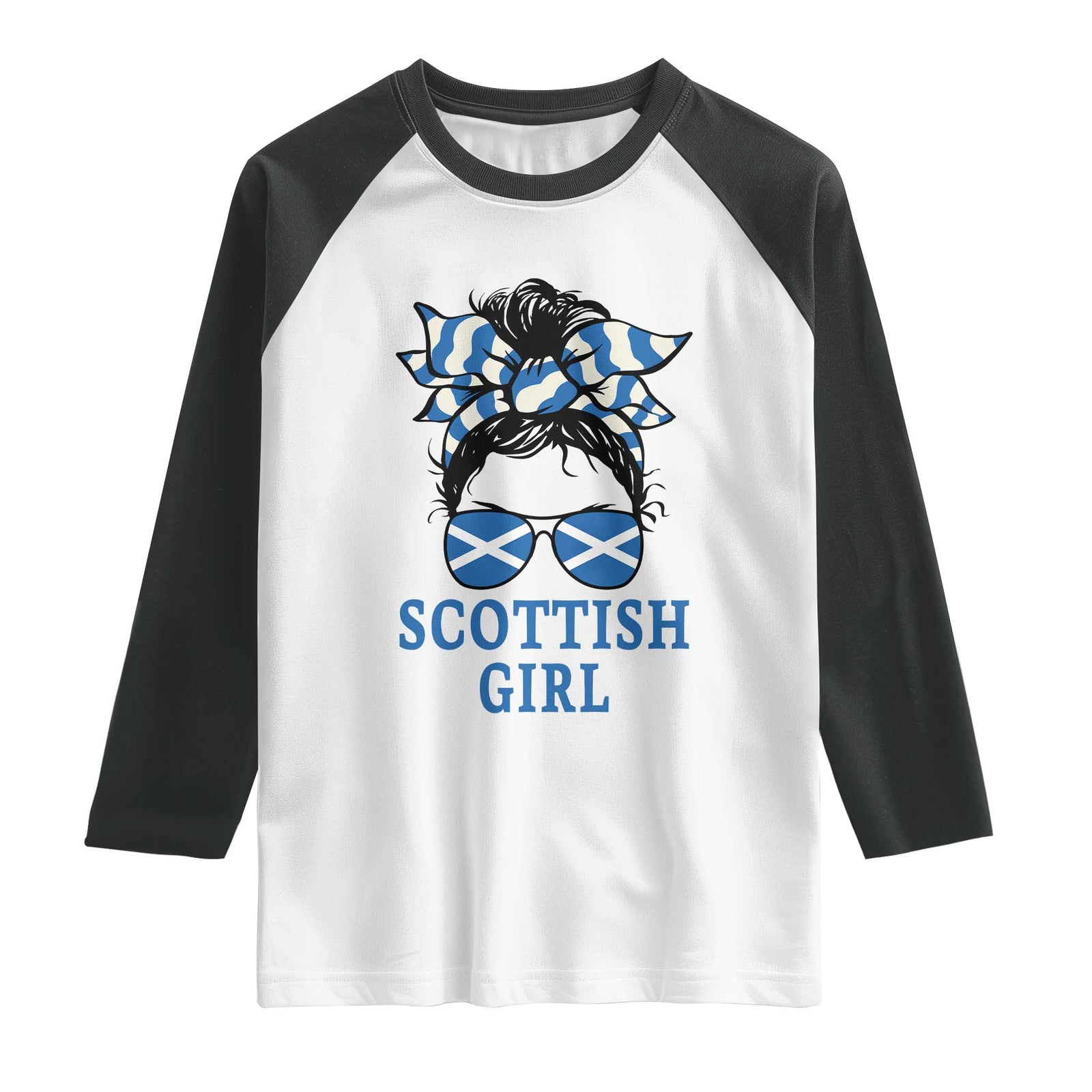 Scottish Girl Messy Bun Hair Saltire Flag Ribbon Bow Raglan Shirt Scotland Pride for Girls Women TS02 White Black Print Your Wear