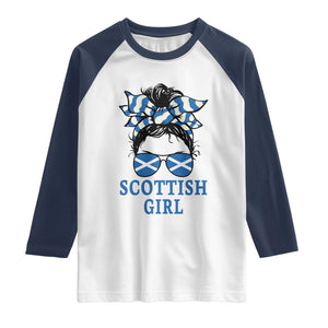 Scottish Girl Messy Bun Hair Saltire Flag Ribbon Bow Raglan Shirt Scotland Pride for Girls Women