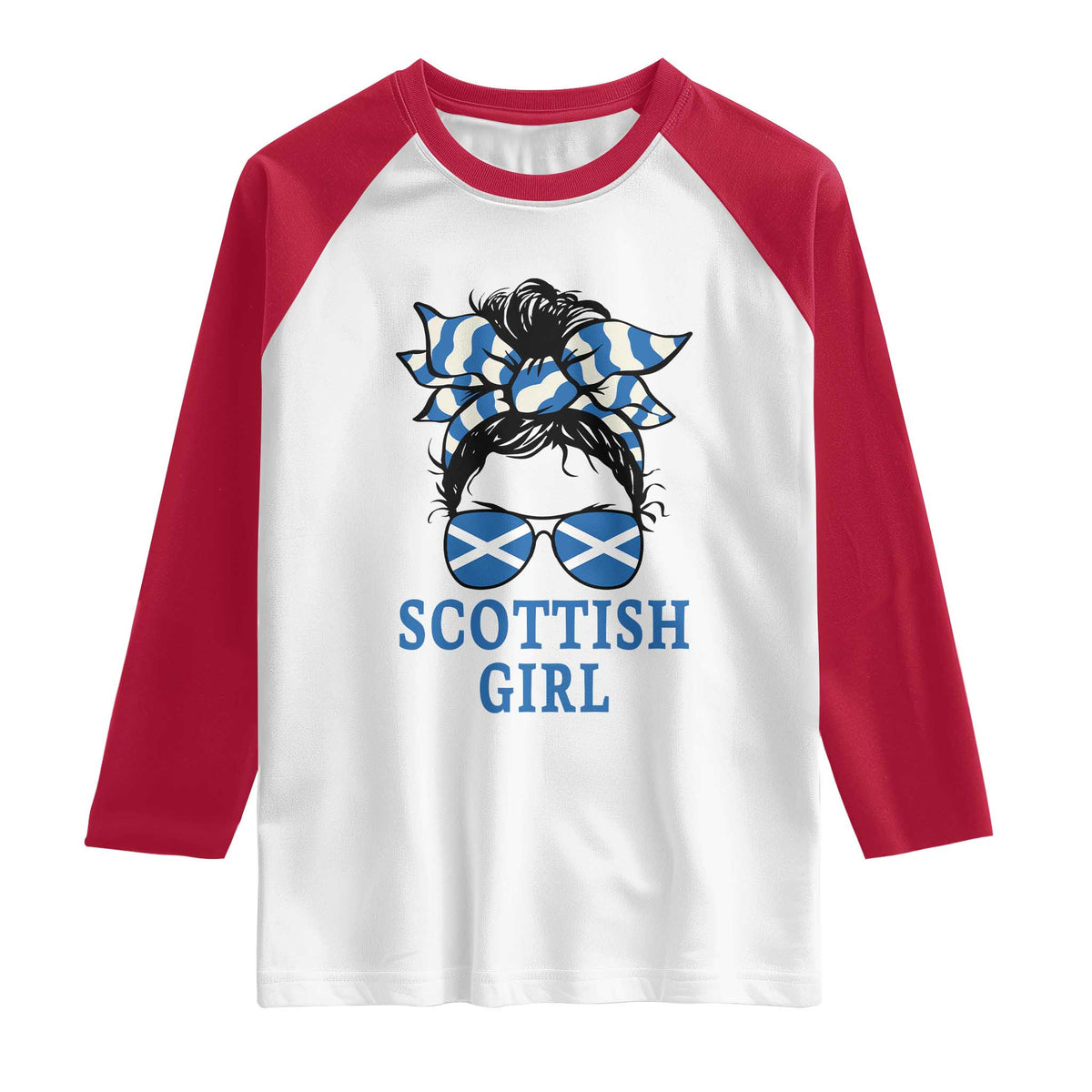 Scottish Girl Messy Bun Hair Saltire Flag Ribbon Bow Raglan Shirt Scotland Pride for Girls Women