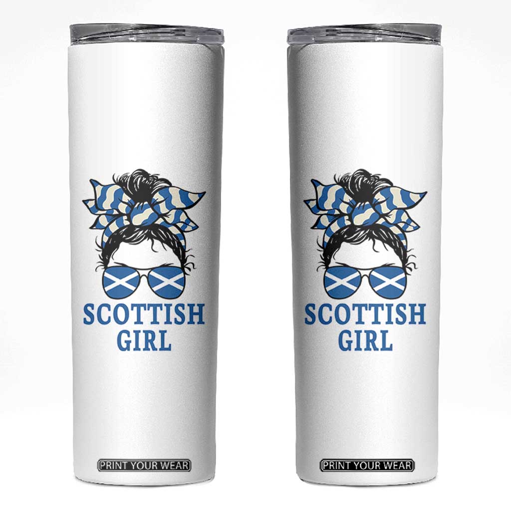 Scottish Girl Messy Bun Hair Saltire Flag Ribbon Bow Skinny Tumbler Scotland Pride for Girls Women