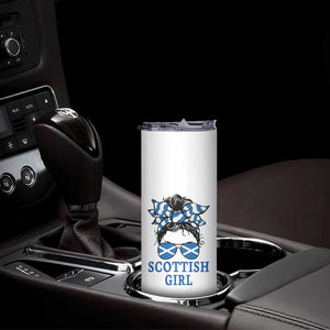 Scottish Girl Messy Bun Hair Saltire Flag Ribbon Bow Skinny Tumbler Scotland Pride for Girls Women