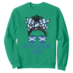 Scottish Girl Messy Bun Hair Saltire Flag Ribbon Bow Sweatshirt Scotland Pride for Girls Women