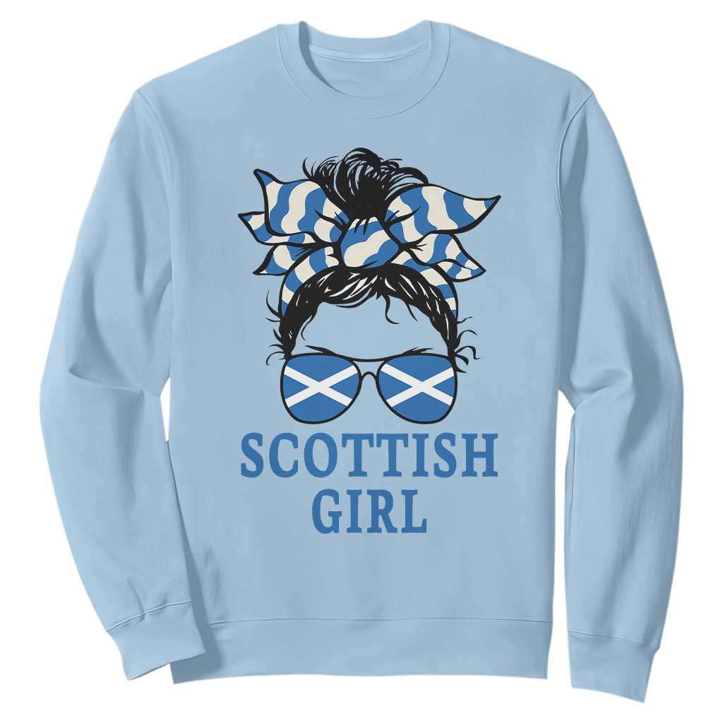 Scottish Girl Messy Bun Hair Saltire Flag Ribbon Bow Sweatshirt Scotland Pride for Girls Women