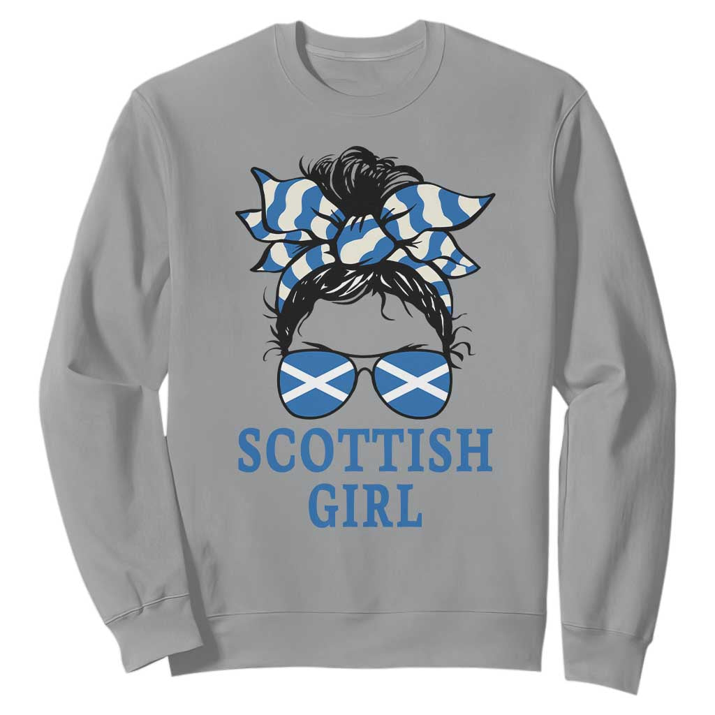 Scottish Girl Messy Bun Hair Saltire Flag Ribbon Bow Sweatshirt Scotland Pride for Girls Women