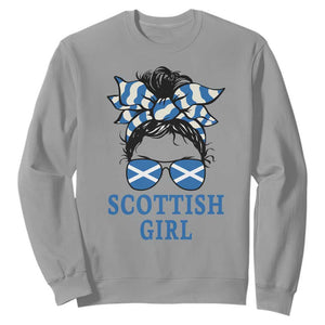 Scottish Girl Messy Bun Hair Saltire Flag Ribbon Bow Sweatshirt Scotland Pride for Girls Women