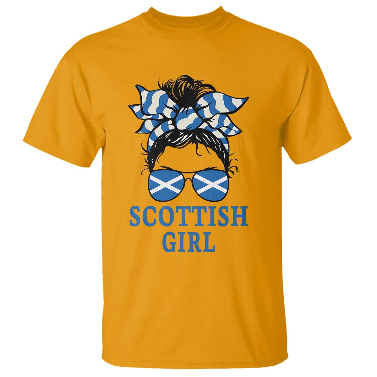 Scottish Girl Messy Bun Hair Saltire Flag Ribbon Bow T Shirt Scotland Pride for Girls Women