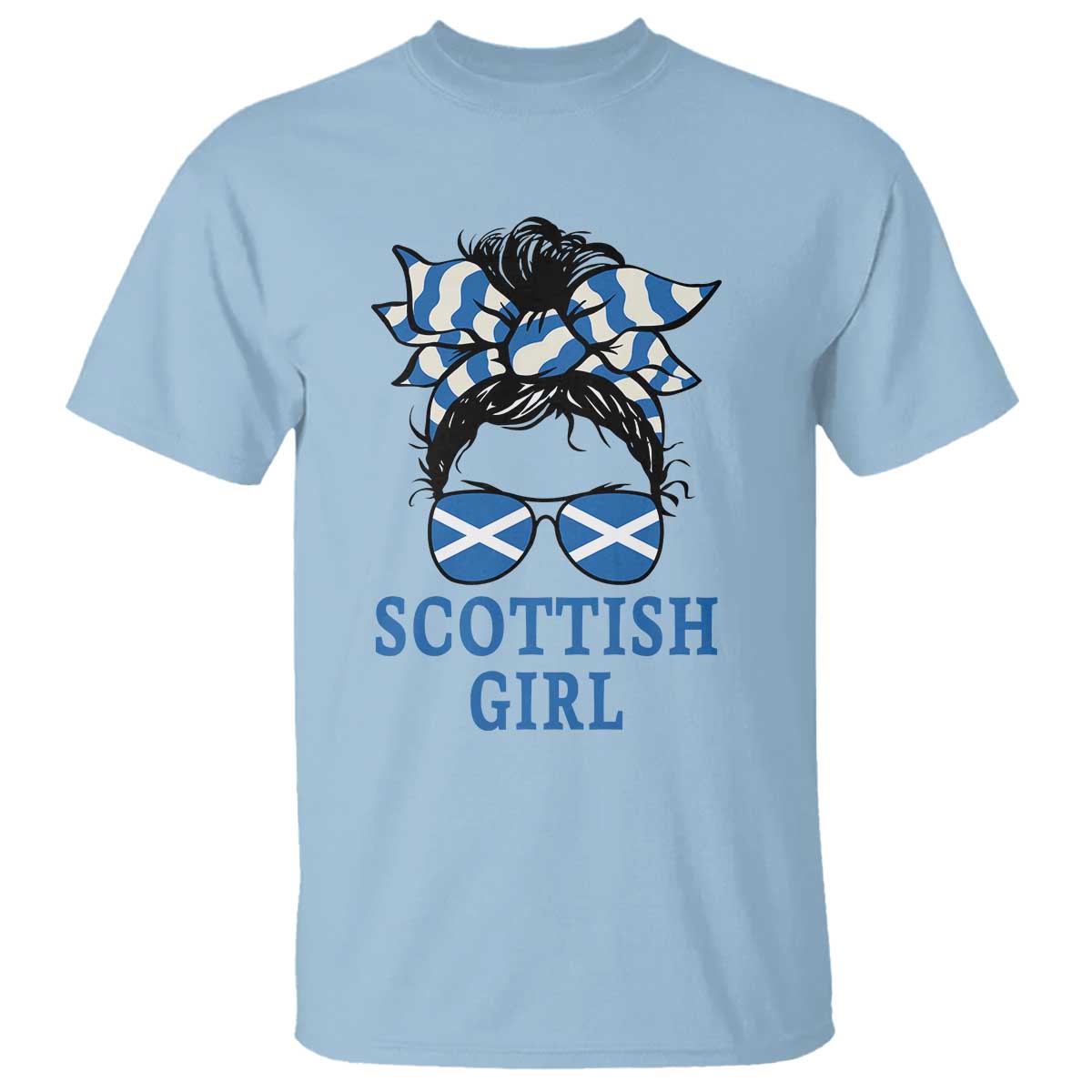 Scottish Girl Messy Bun Hair Saltire Flag Ribbon Bow T Shirt Scotland Pride for Girls Women