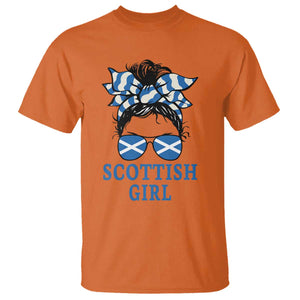 Scottish Girl Messy Bun Hair Saltire Flag Ribbon Bow T Shirt Scotland Pride for Girls Women