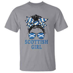 Scottish Girl Messy Bun Hair Saltire Flag Ribbon Bow T Shirt Scotland Pride for Girls Women