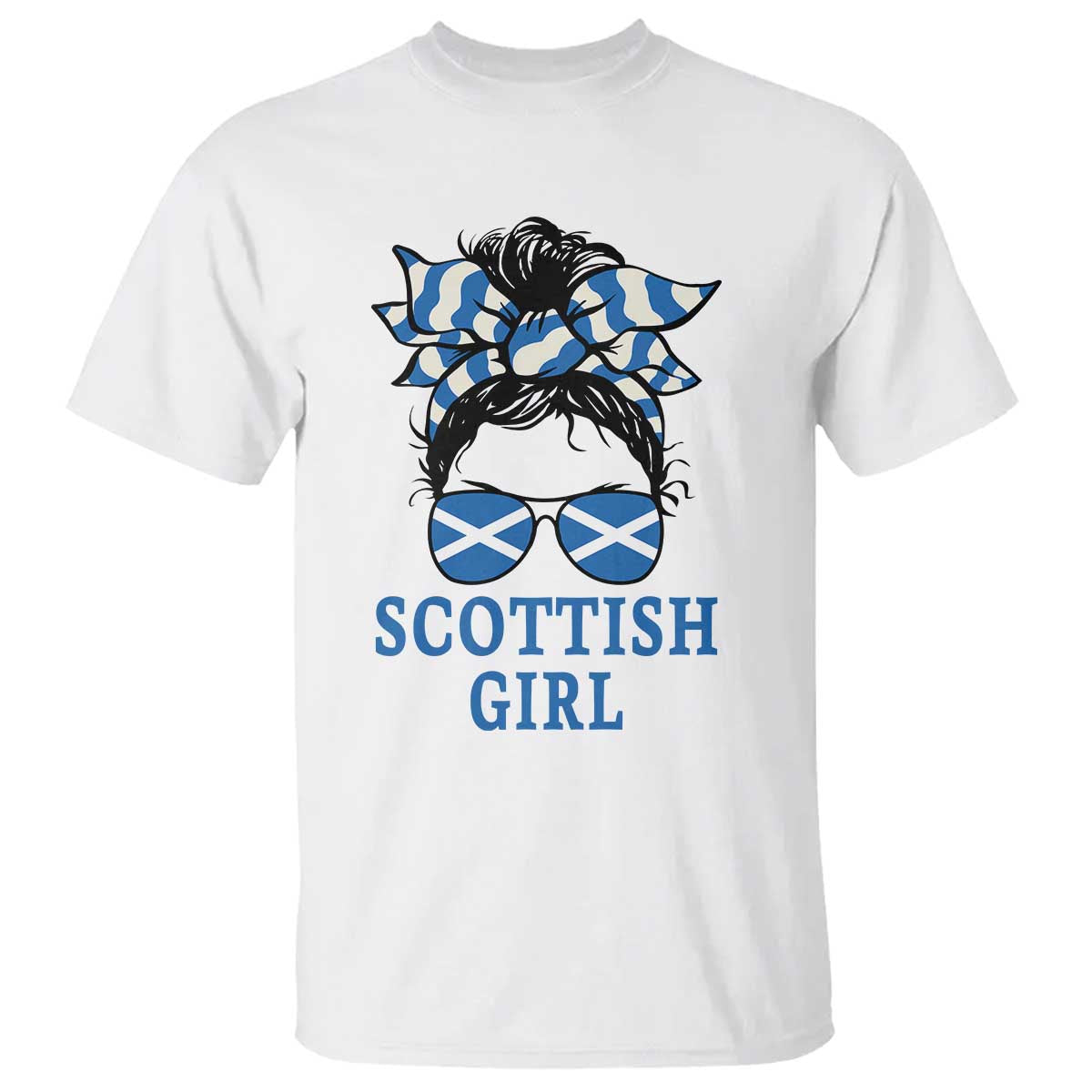 Scottish Girl Messy Bun Hair Saltire Flag Ribbon Bow T Shirt Scotland Pride for Girls Women
