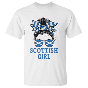 Scottish Girl Messy Bun Hair Saltire Flag Ribbon Bow T Shirt Scotland Pride for Girls Women