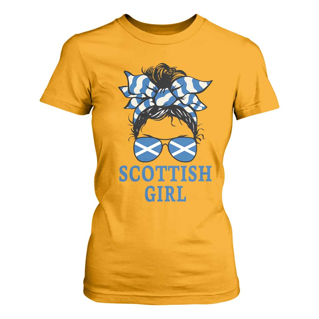 Scottish Girl Messy Bun Hair Saltire Flag Ribbon Bow T Shirt For Women Scotland Pride for Girls Women