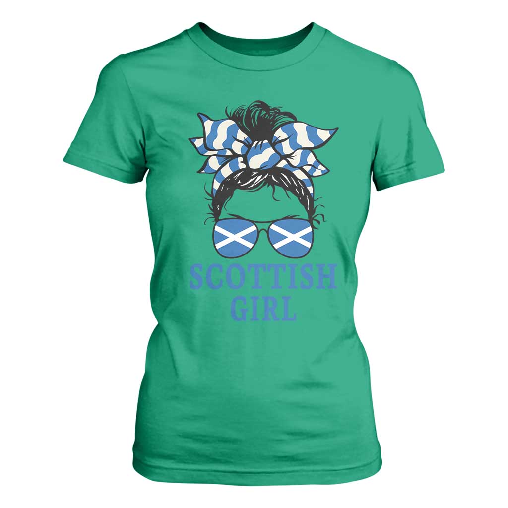 Scottish Girl Messy Bun Hair Saltire Flag Ribbon Bow T Shirt For Women Scotland Pride for Girls Women