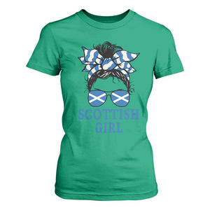 Scottish Girl Messy Bun Hair Saltire Flag Ribbon Bow T Shirt For Women Scotland Pride for Girls Women